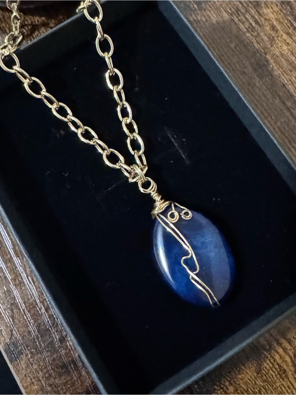 Blue agate gold wire wrapped pendant- Whisper of Serenity.
